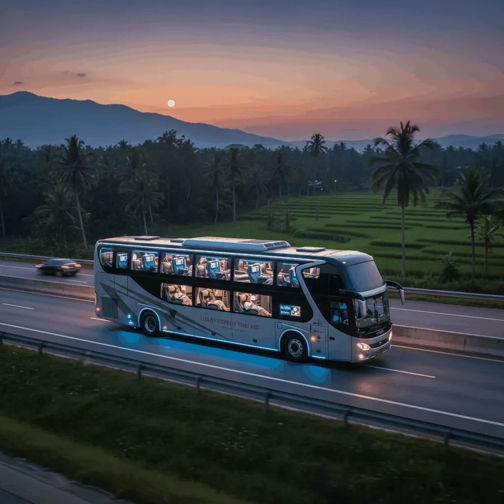 Overnight bus on a highway in Thailand