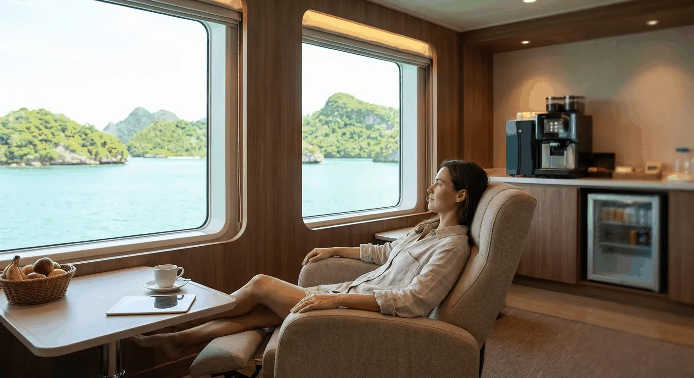 Passenger relaxing in ferry cabin with island view