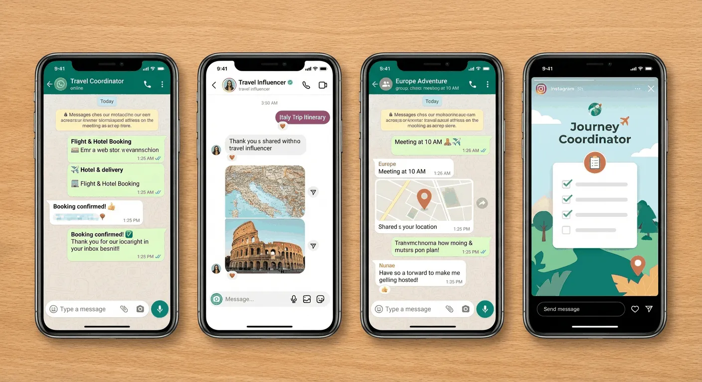 WhatsApp and Instagram booking interface showing travel coordinator messaging