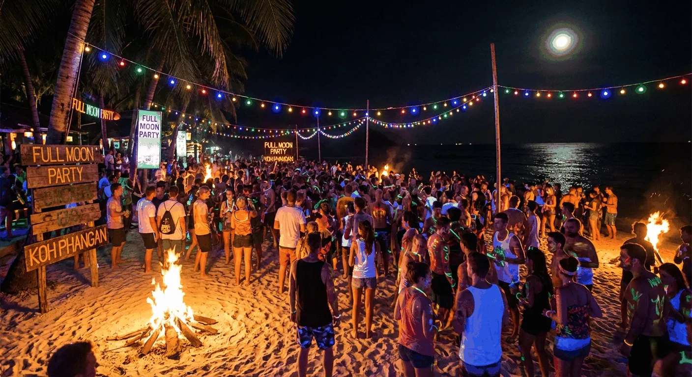 Koh Phangan Full Moon Party beach scene with colorful lights and celebrating crowd