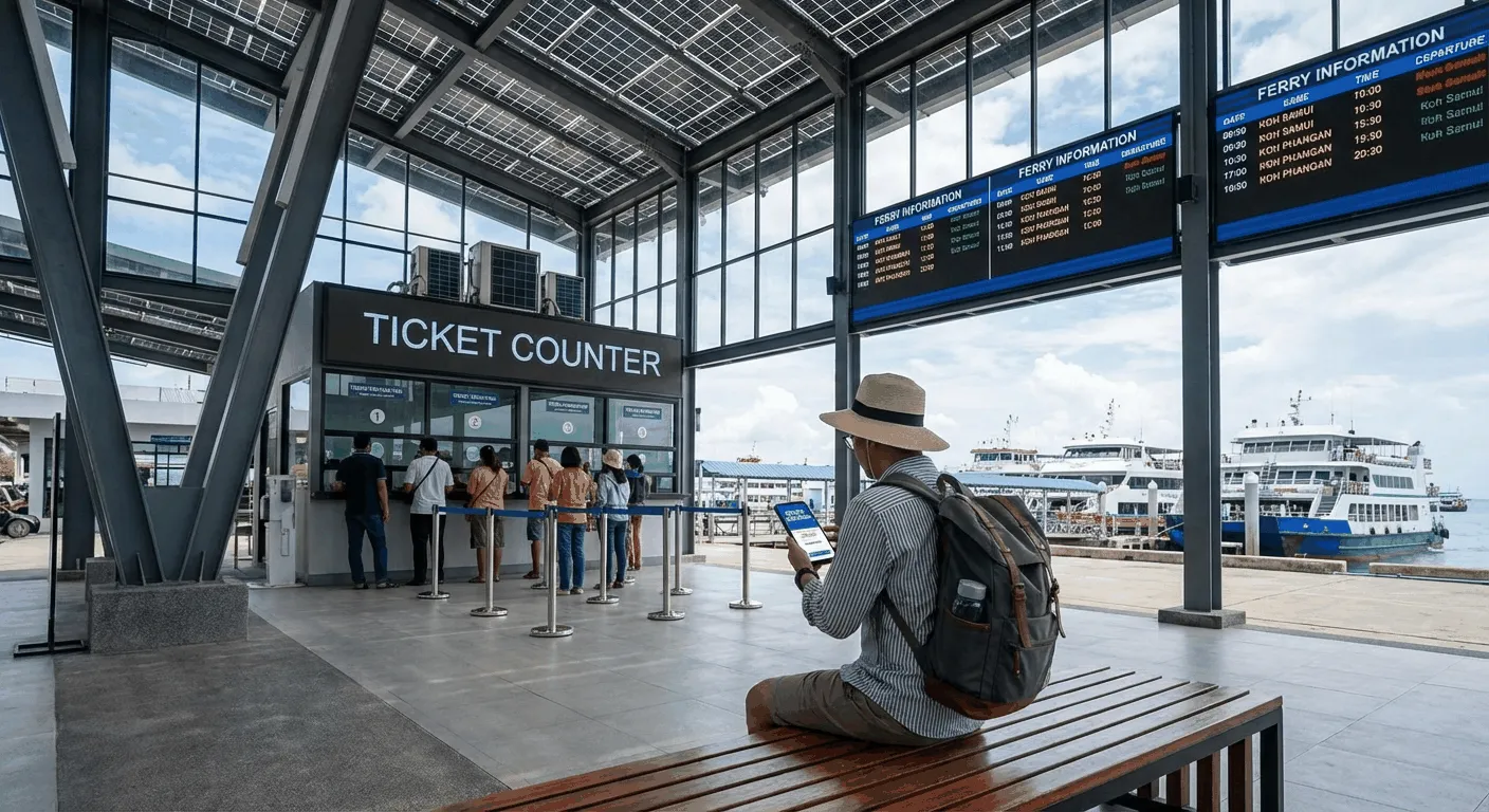 Traveler booking tickets on their phone at a bustling ferry pier